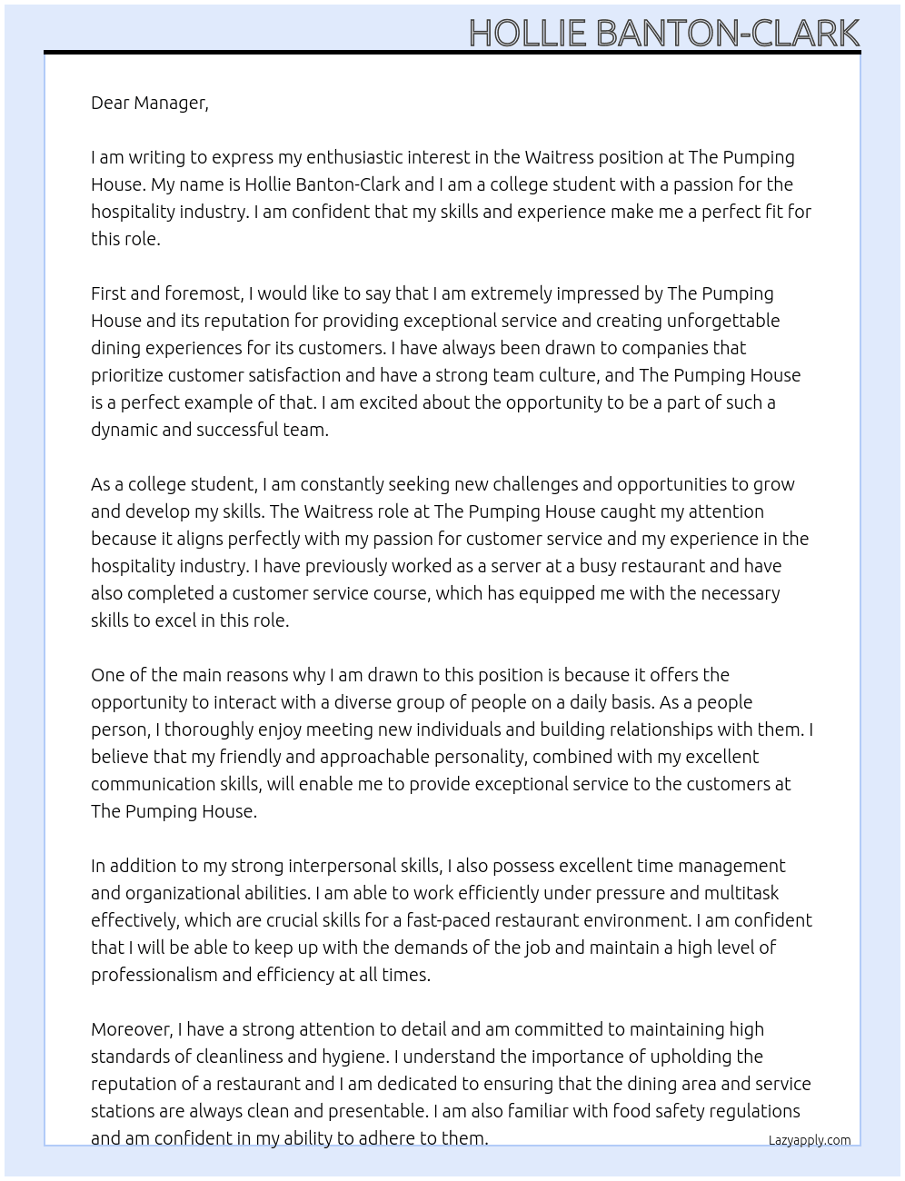 Waitress At The pumping hoise Cover Letter