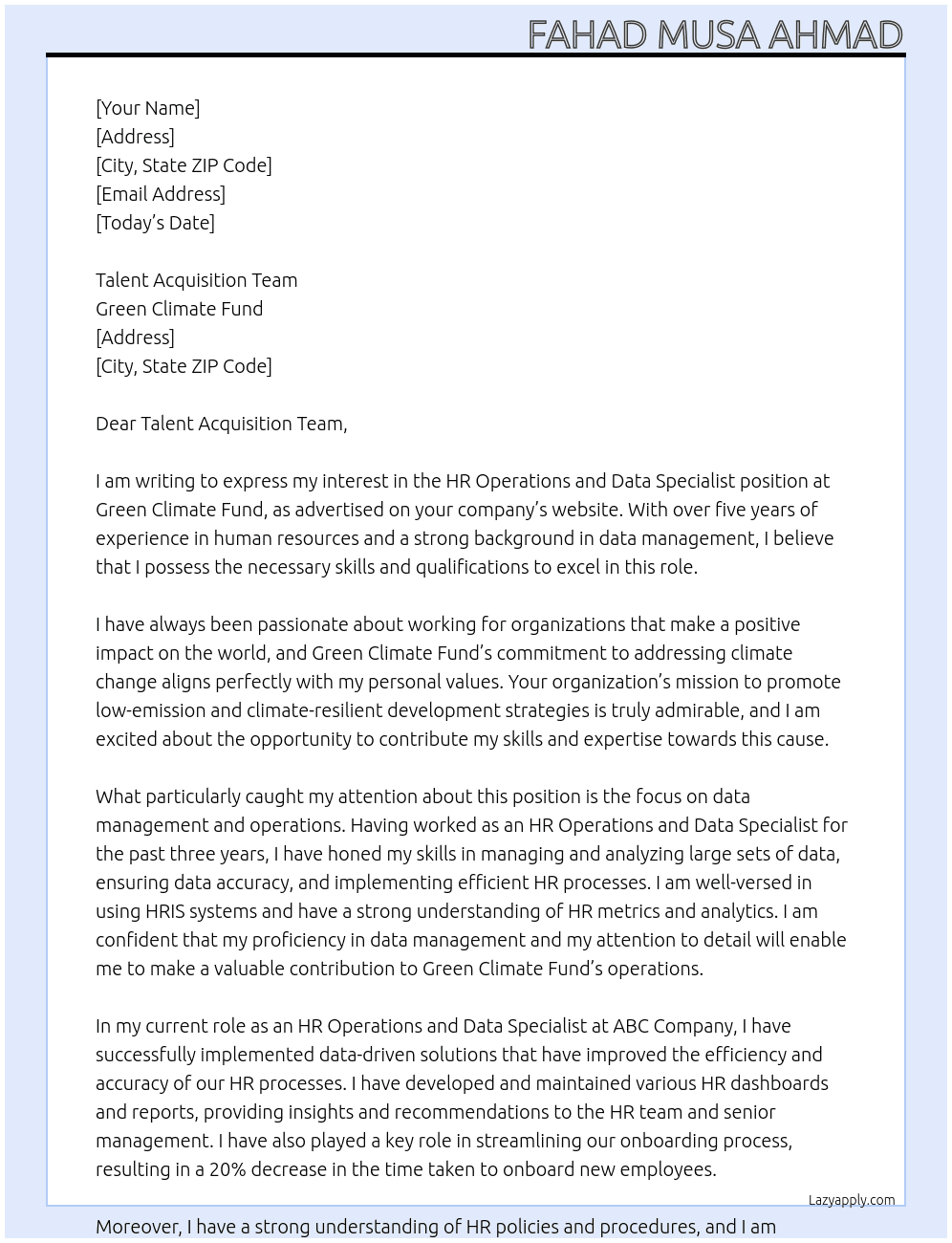 HR Operations and Data Specialist At Green Climate Fund Cover Letter