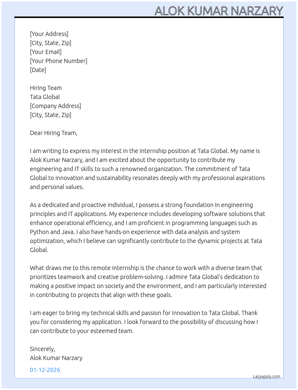 Internship At Tata Global Cover Letter