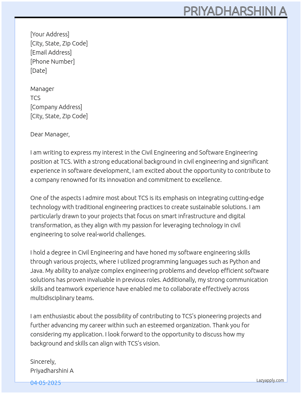 Cover letter for civil engineering and software engineering - LazyApply