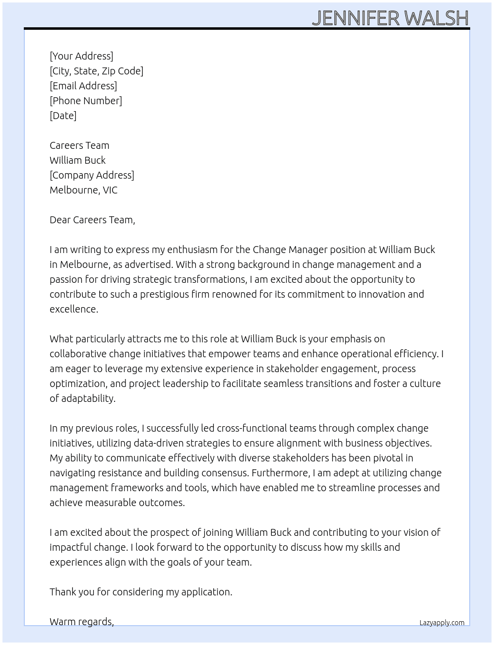 Change Manager At William Buck Cover Letter