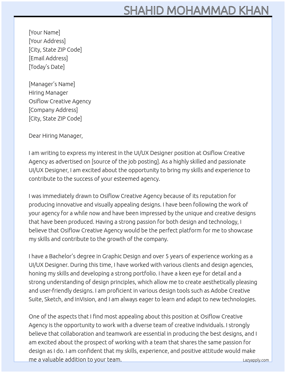 UI/UX Designer  At Osiflow creative agency  Cover Letter