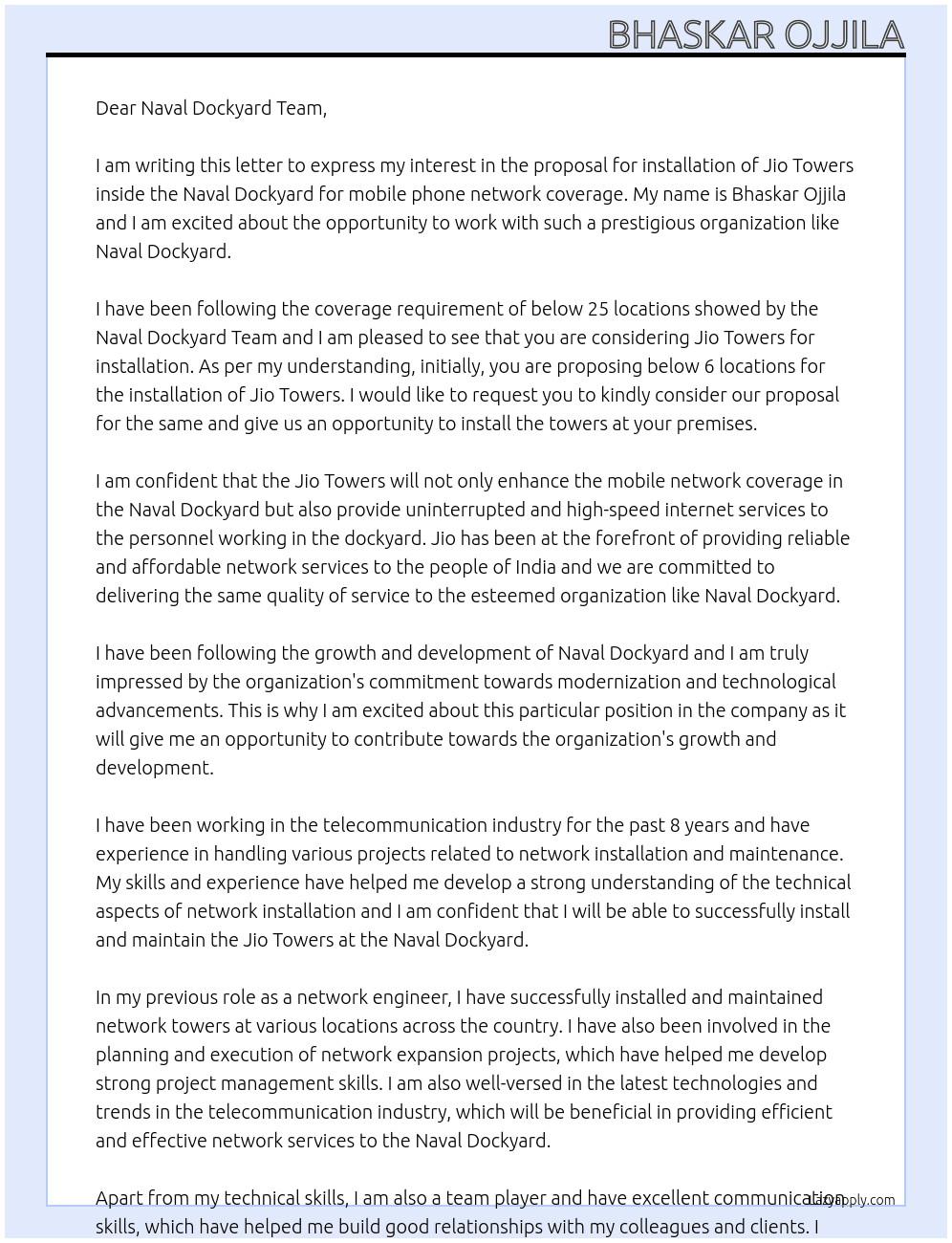 Proposal Letter for Installation of Jio Towers inside the naval Dockyard for Mobile Phone Network coverage   At Naval Dockyard Cover Letter