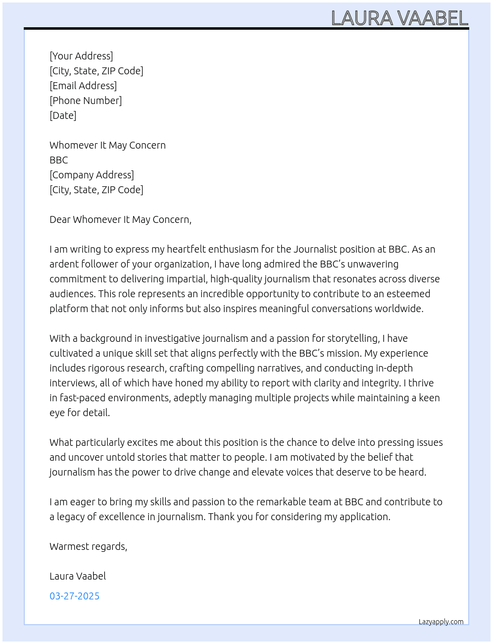 Journalist At BBC  Cover Letter