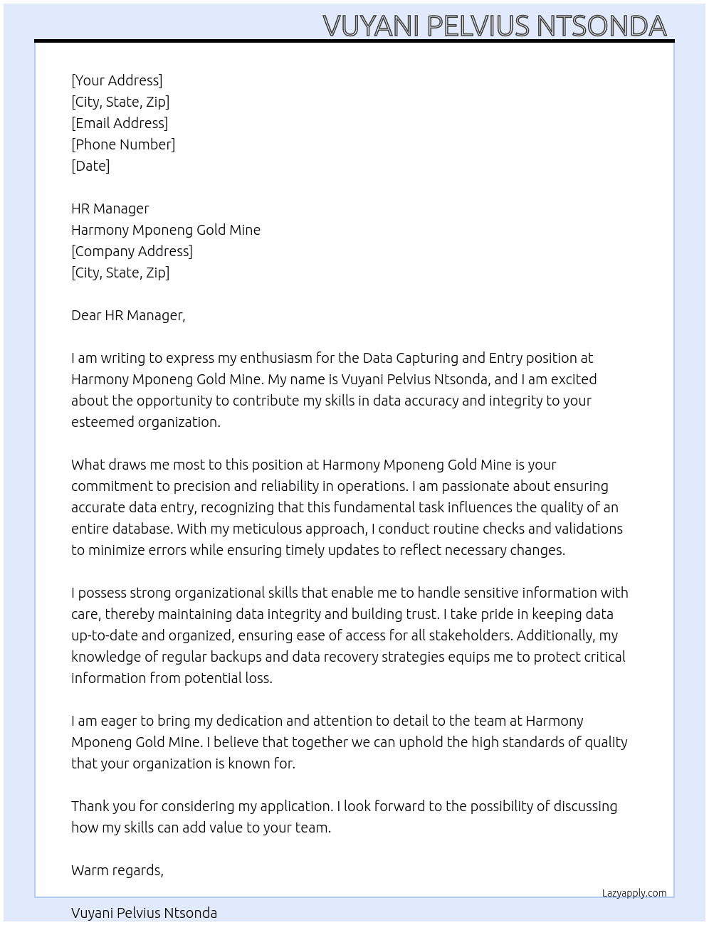 Cover letter for data capturing and entry - LazyApply