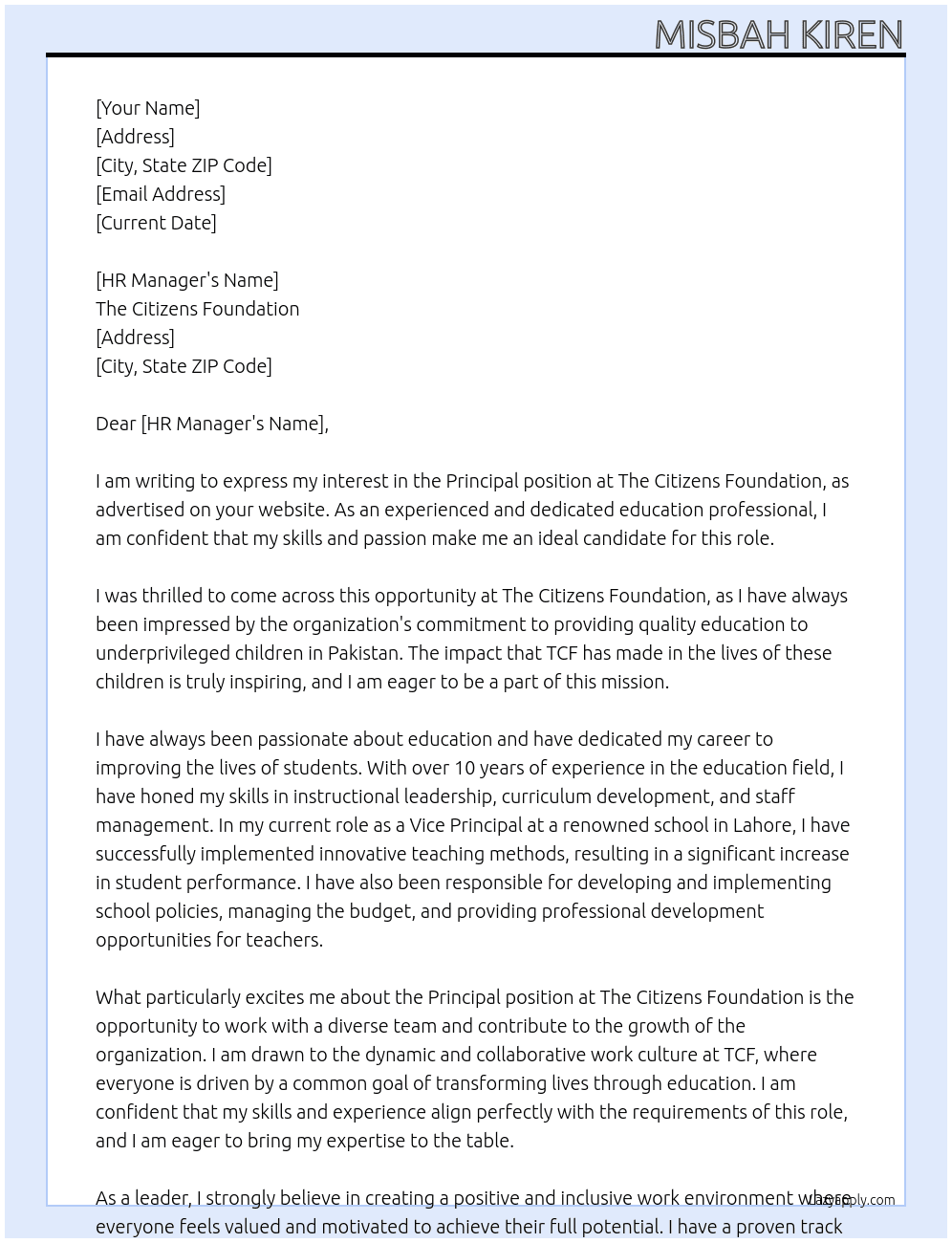 Cover letter for principal in school - LazyApply
