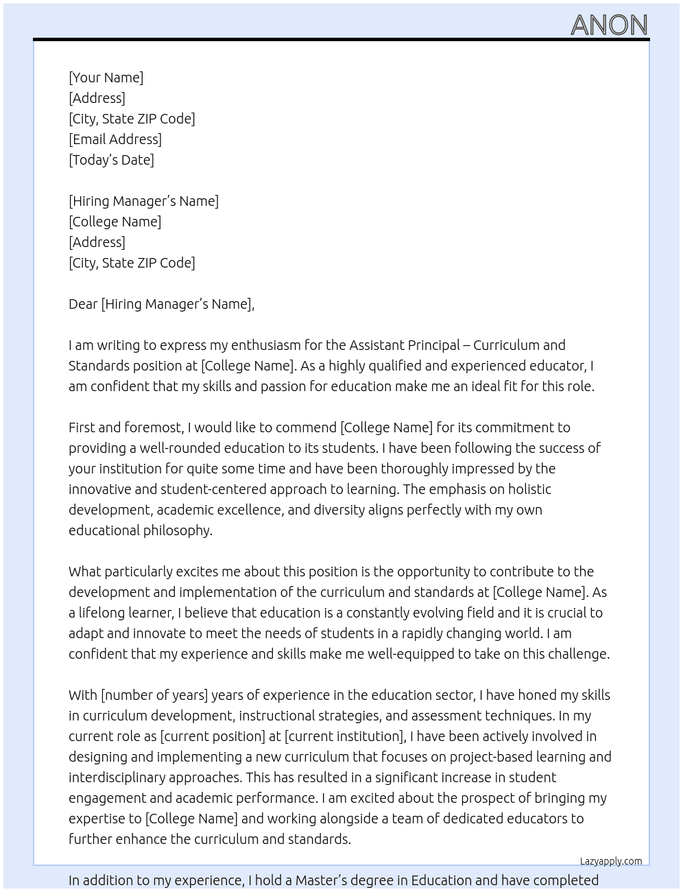 Assistant principal – Curriculum and Standard At College Cover Letter