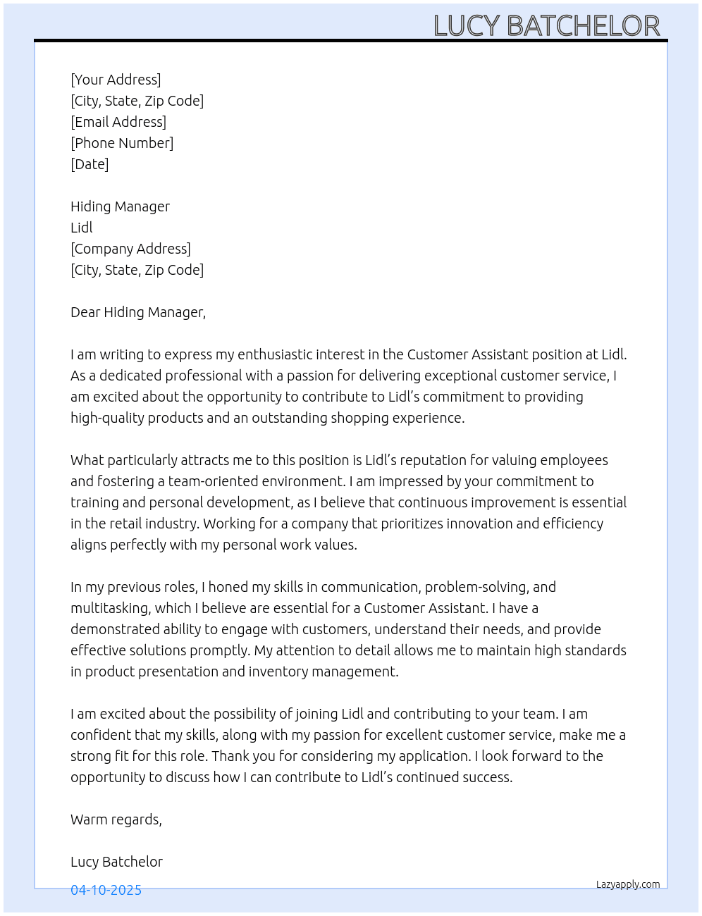 Customer assistant  At Lidl  Cover Letter