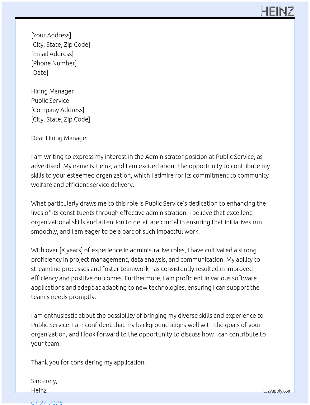 administrator At punlice service Cover Letter