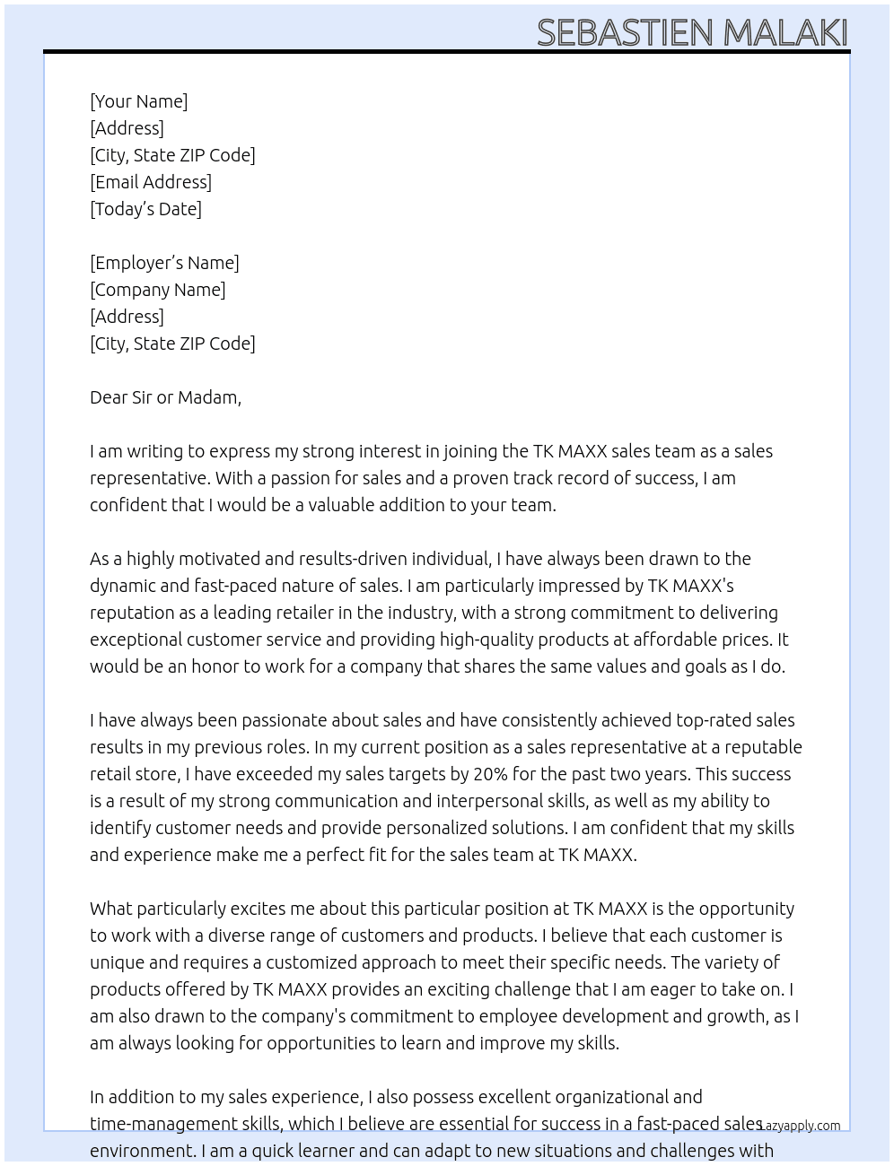 Sales Team At TK MAXX Cover Letter