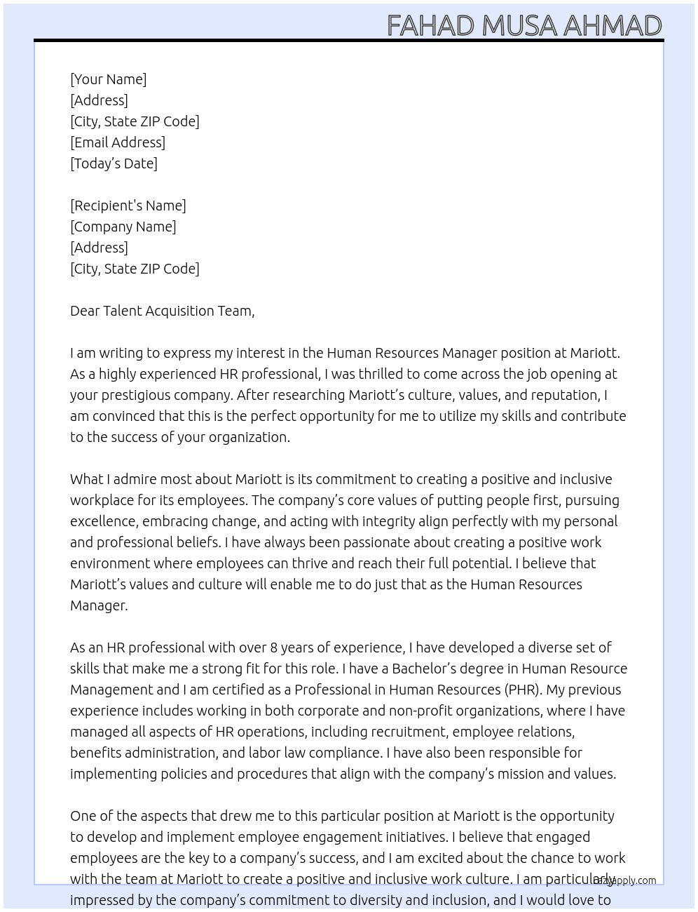 Human Resources Manager At Mariott Cover Letter