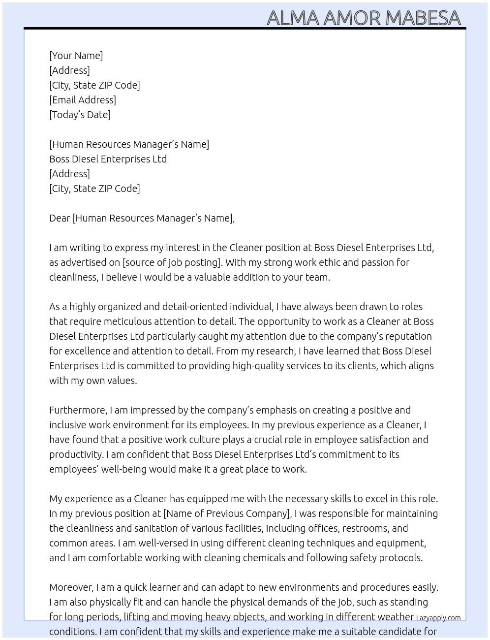 Cleaner  At Boss Diesel Enterprises Ltd Cover Letter