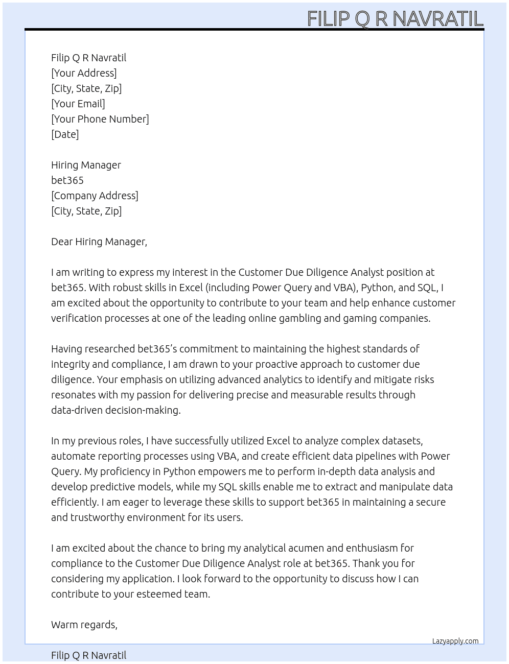 Customer Due Diligence Analyst At bet365 Cover Letter