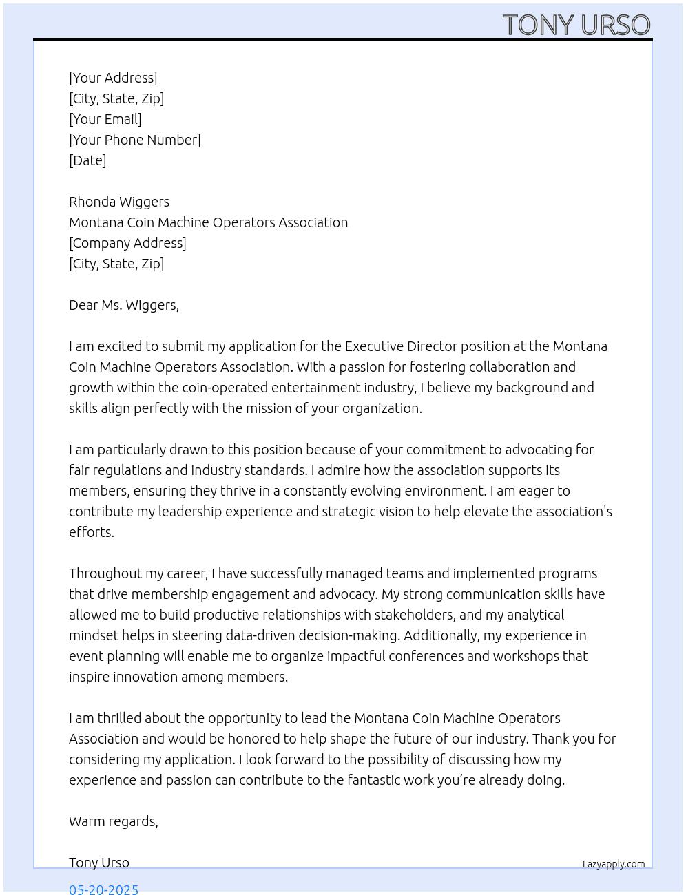 Executive Director At Montana Coin Machine Operators Association Cover Letter