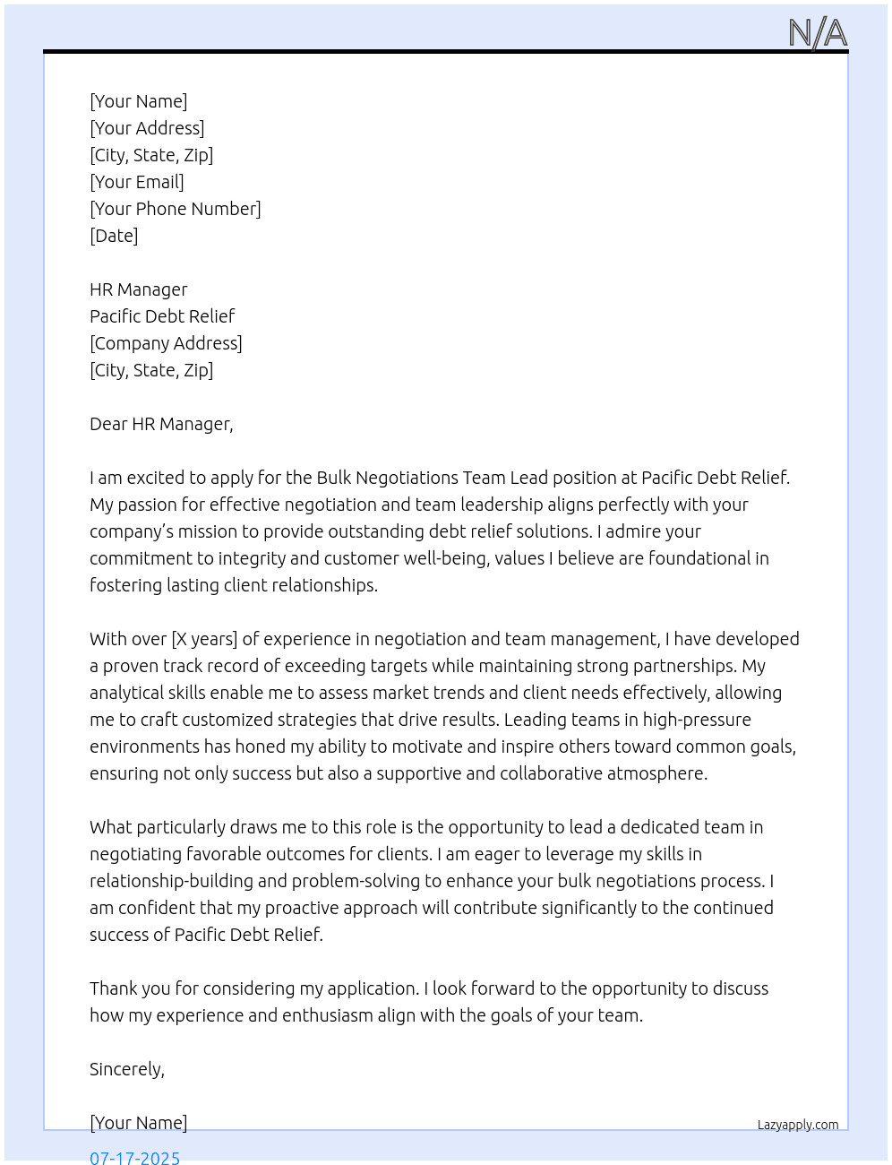 Cover letter for bulk negotiations team lead - LazyApply