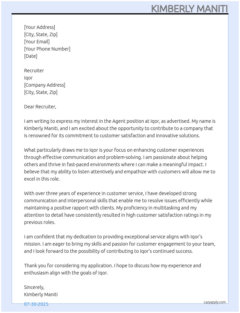 Agent At Iqor Cover Letter