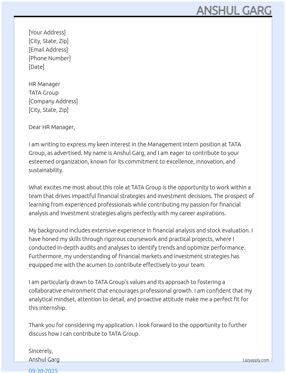 Management Intern At TATA Group Cover Letter