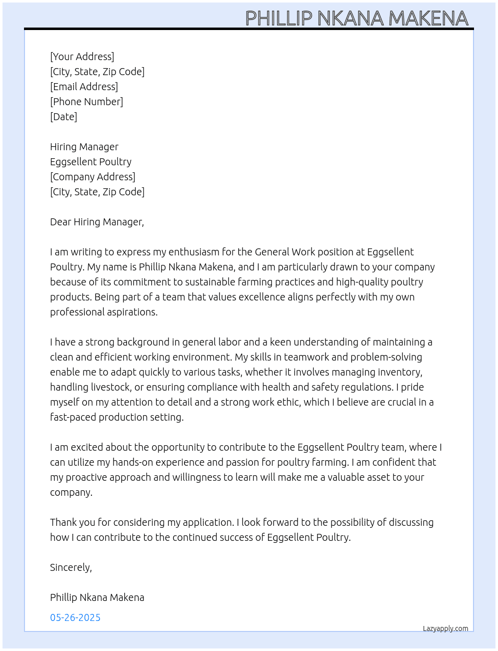 General work At Eggsellent Poultry  Cover Letter