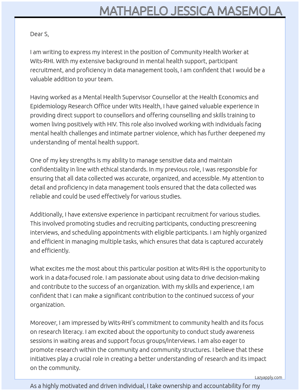 Community Health Worker At Wits-RHI Cover Letter
