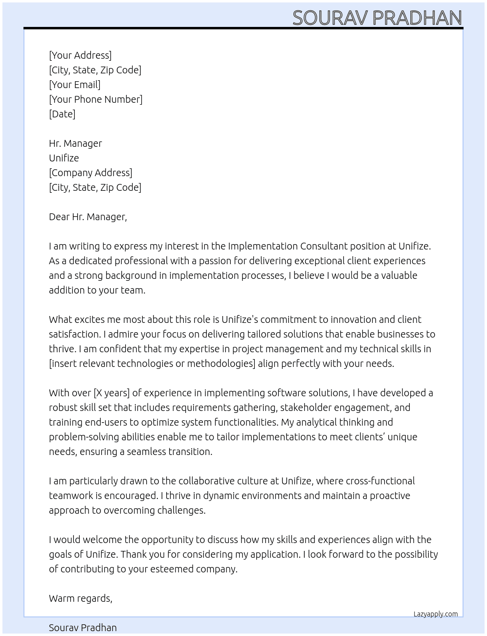 implemntatio consultant At Unifize Cover Letter