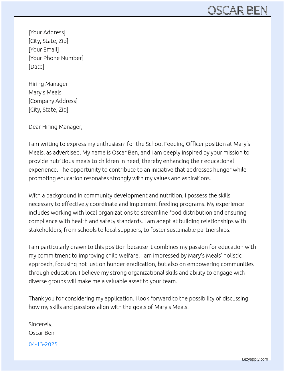 School feeding officer At Mary's meals Cover Letter