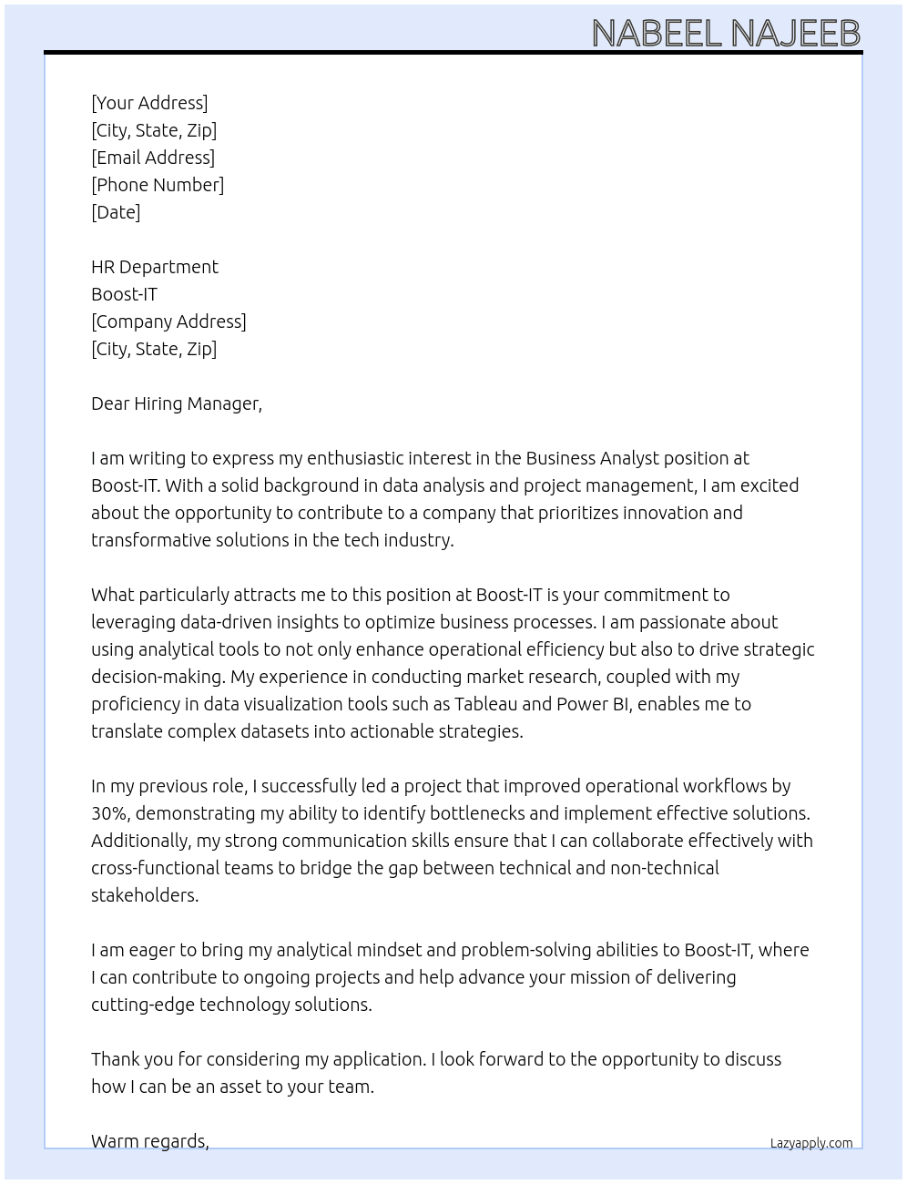 Business Analyst At Boost-IT Cover Letter