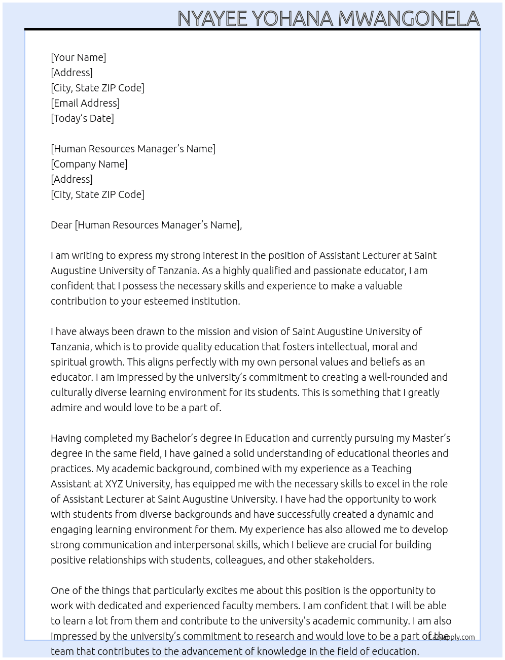 Assistant lecture  At Saint Augustine University of Tanzania Cover Letter