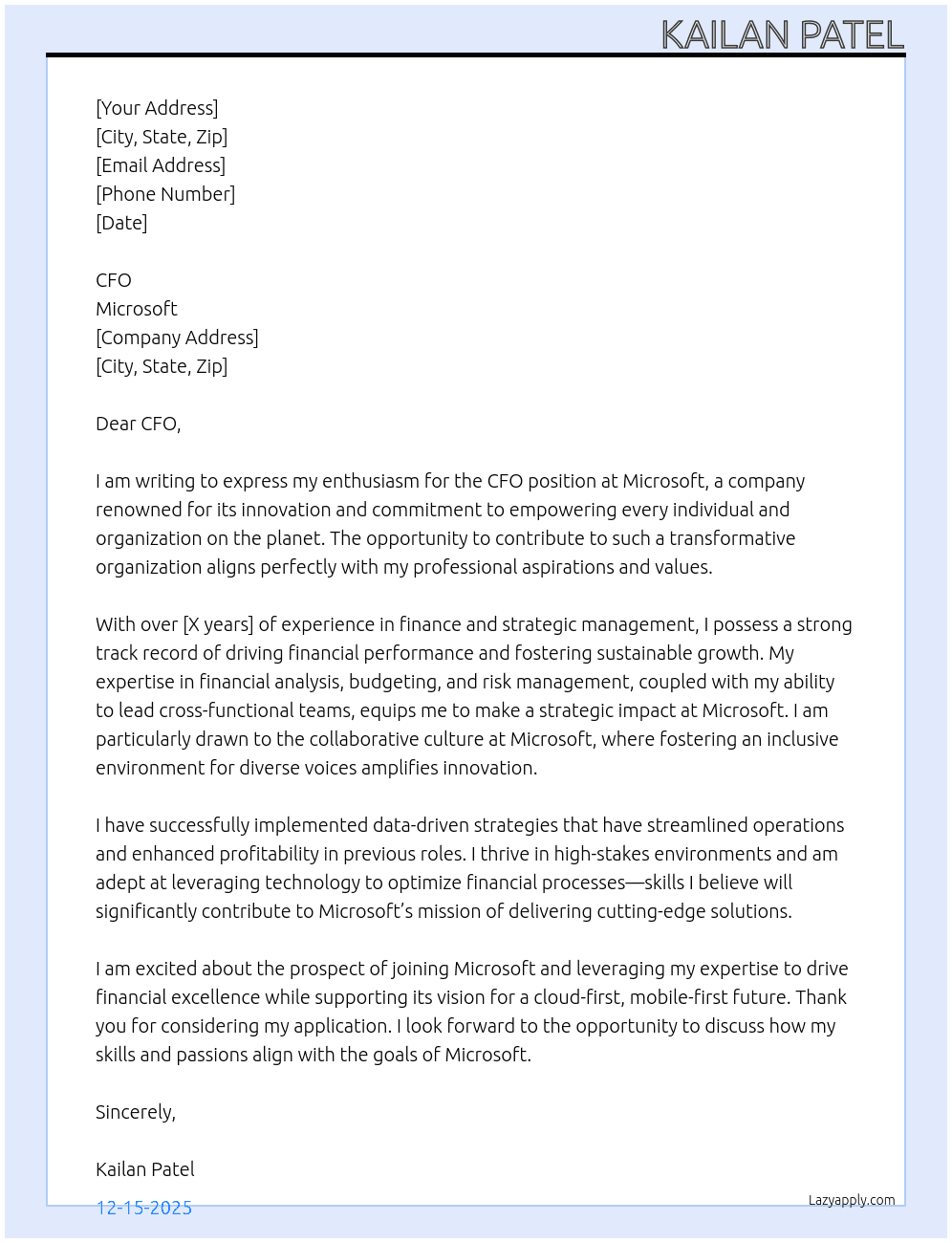 CFO At Microsoft  Cover Letter