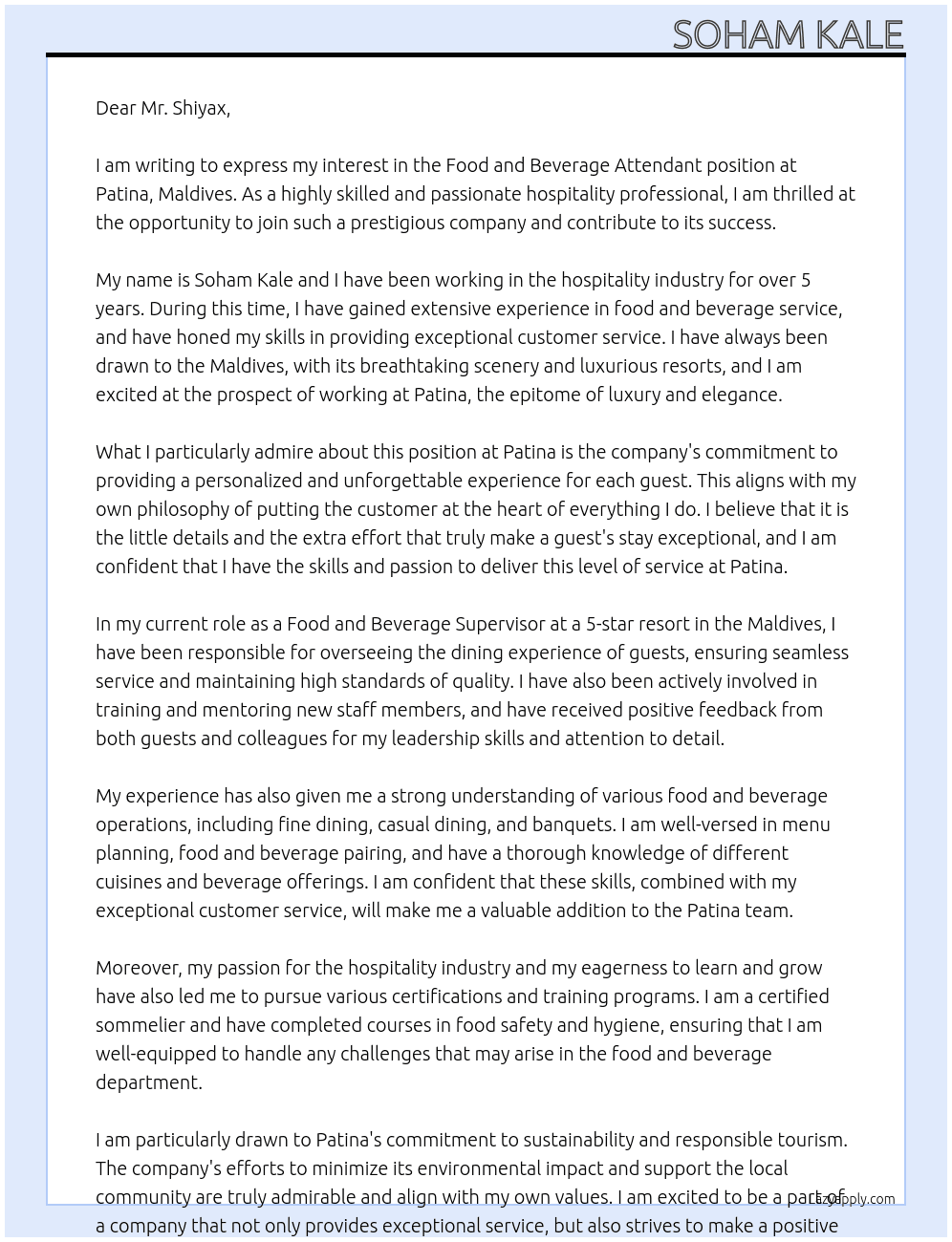 Food and Beverage Attendant  At Patina, Maldives Cover Letter