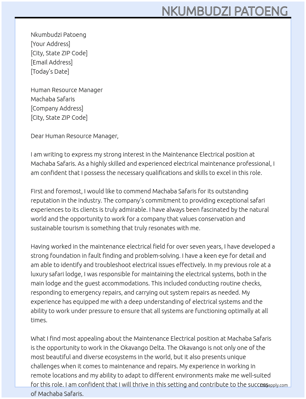 Maintenance Electrical At Machaba Safaris Cover Letter