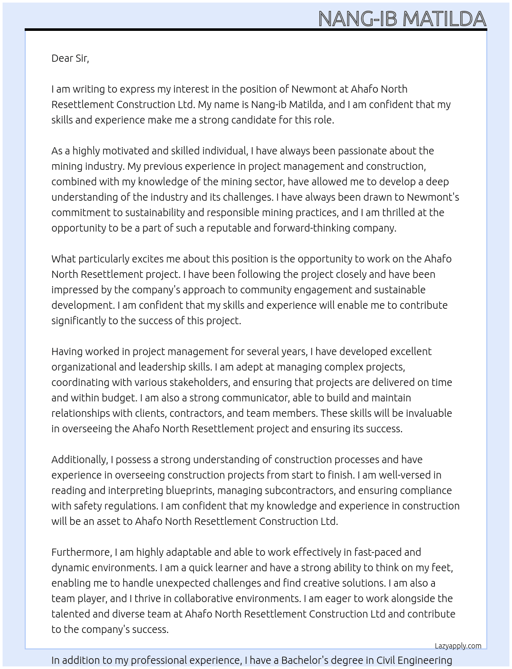 Newmont At Ahafo North resettlement construction Ltd Cover Letter