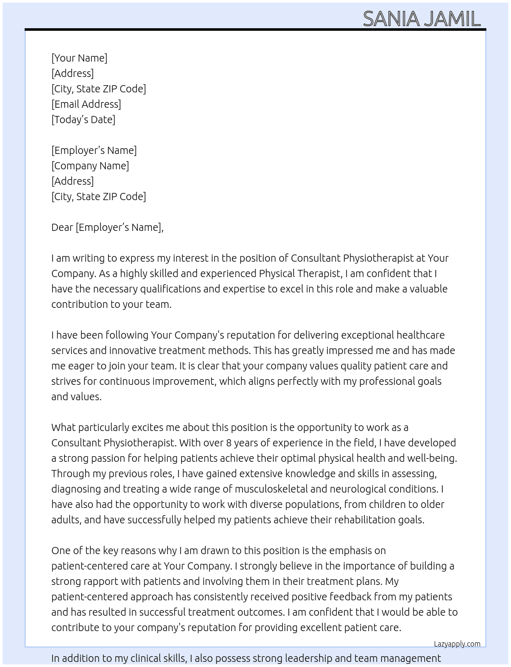 Physical therapist  At Your company  Cover Letter