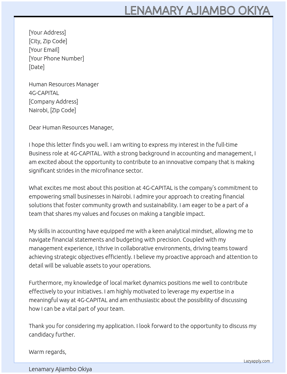 Business-related Job  At 4G-CAPITAL  Cover Letter