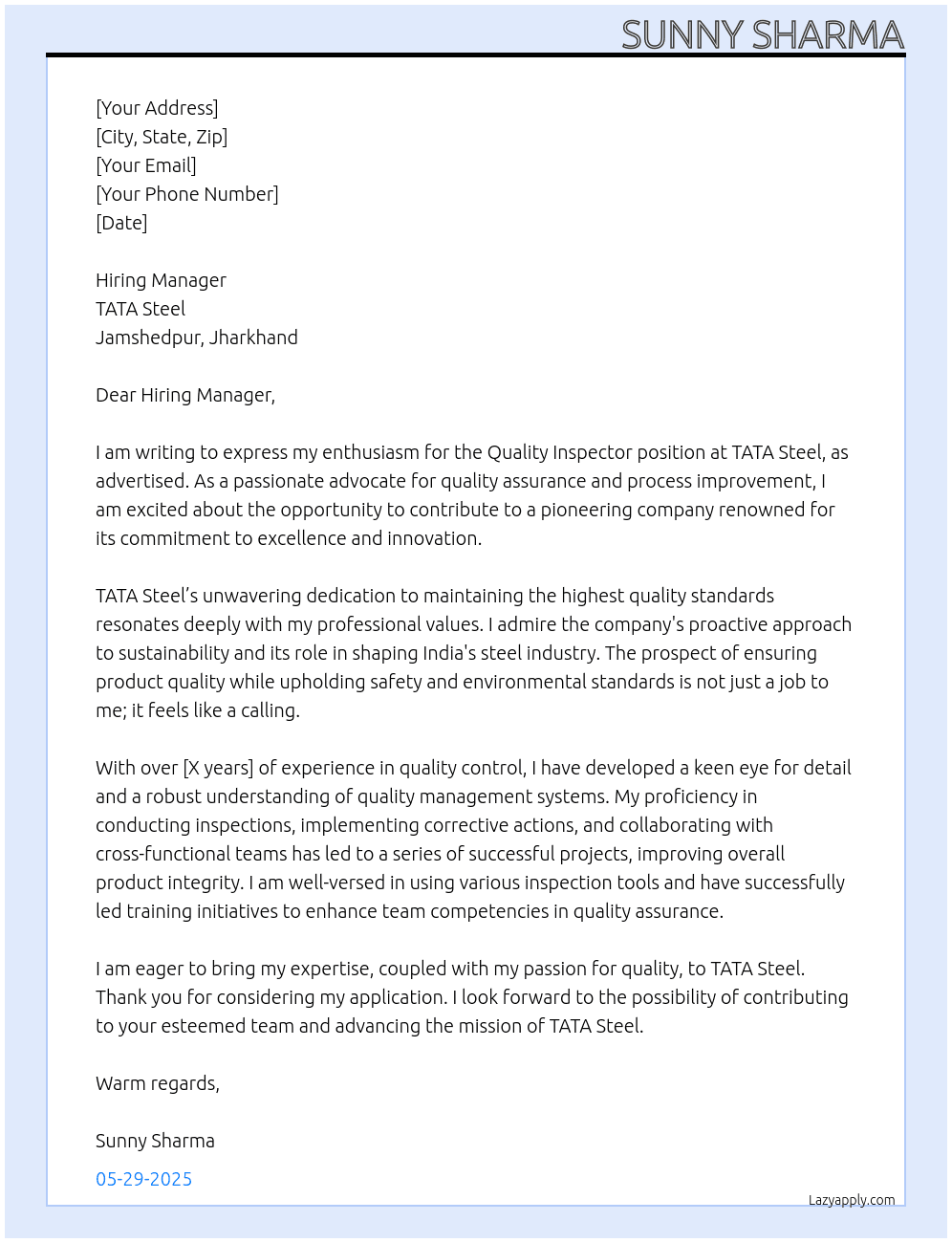 Quality inspector At TATA Steel Jamshedpur Jharkhand Cover Letter