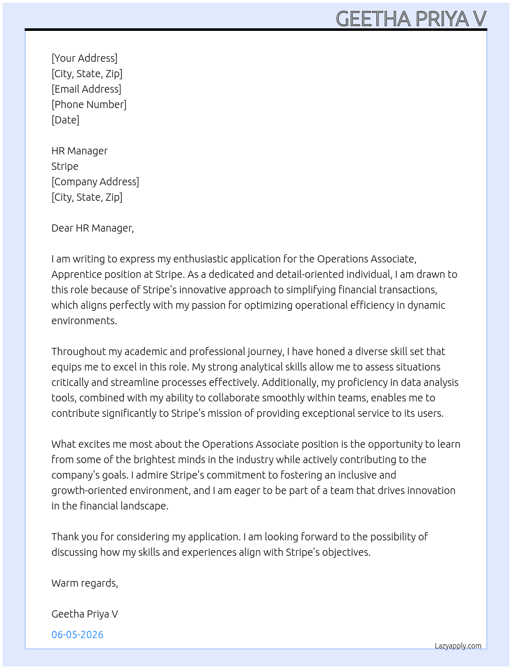 Cover letter for operations associate, apprentice - LazyApply