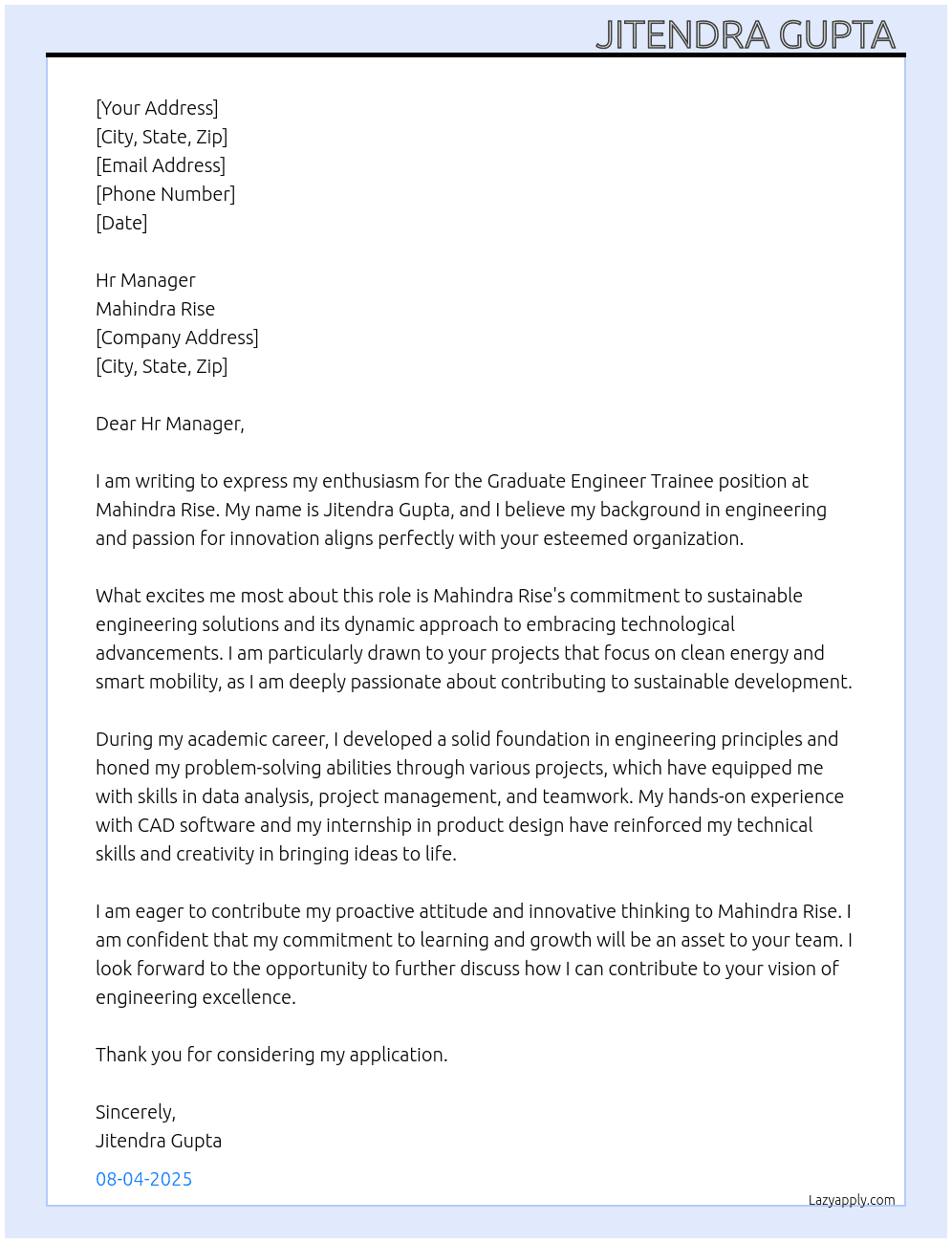 graduate engineer Trainee  At Mahindra rise Cover Letter
