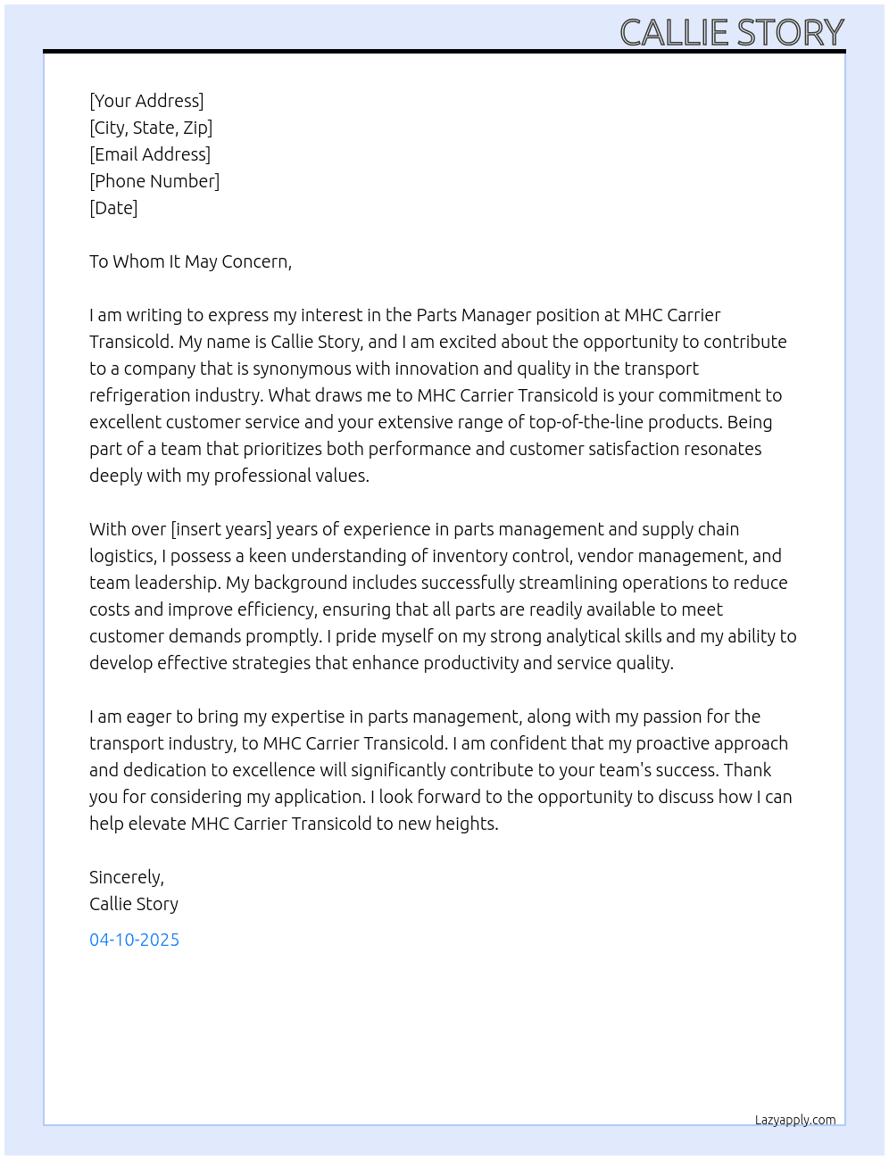 PARTS MANAGER At MHC CARRIER TRANSICOLD Cover Letter