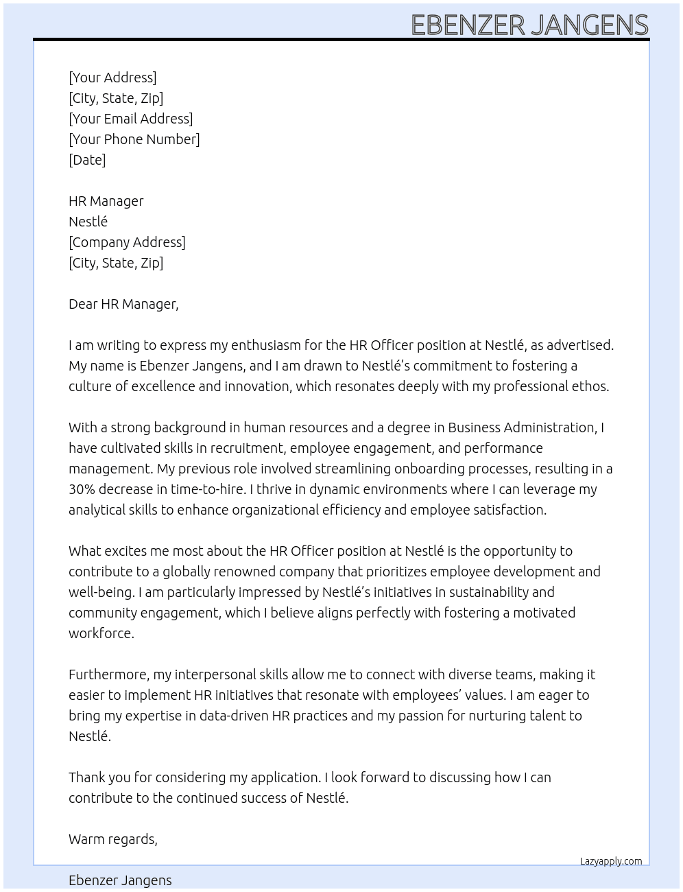 Hr Officer At Nestle Cover Letter