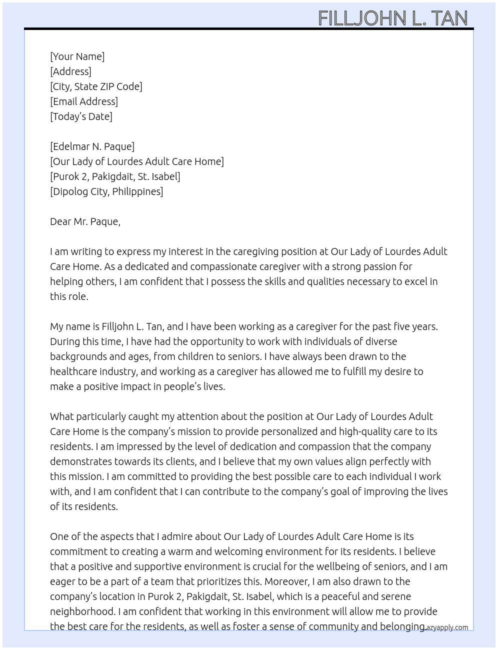 caregiving At Our Lady of Lourdes Adult Care Home  Cover Letter