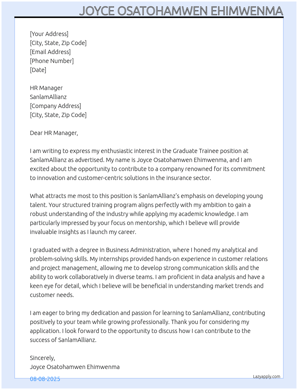 Graduate Trainee At SanlamAllianz Cover Letter