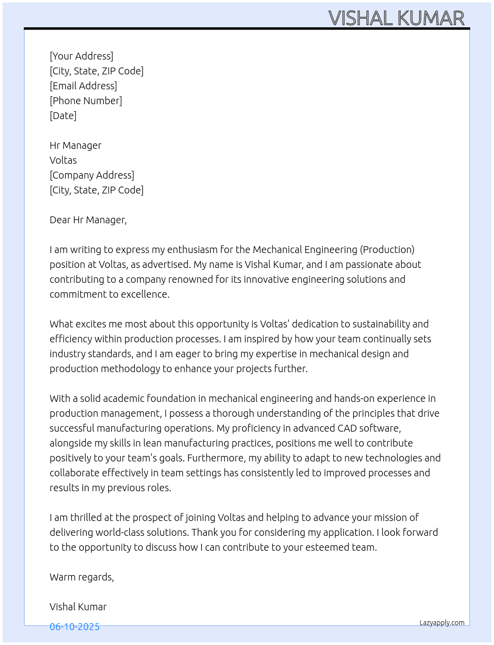 Mechanical engineering (Production) At Voltas Cover Letter
