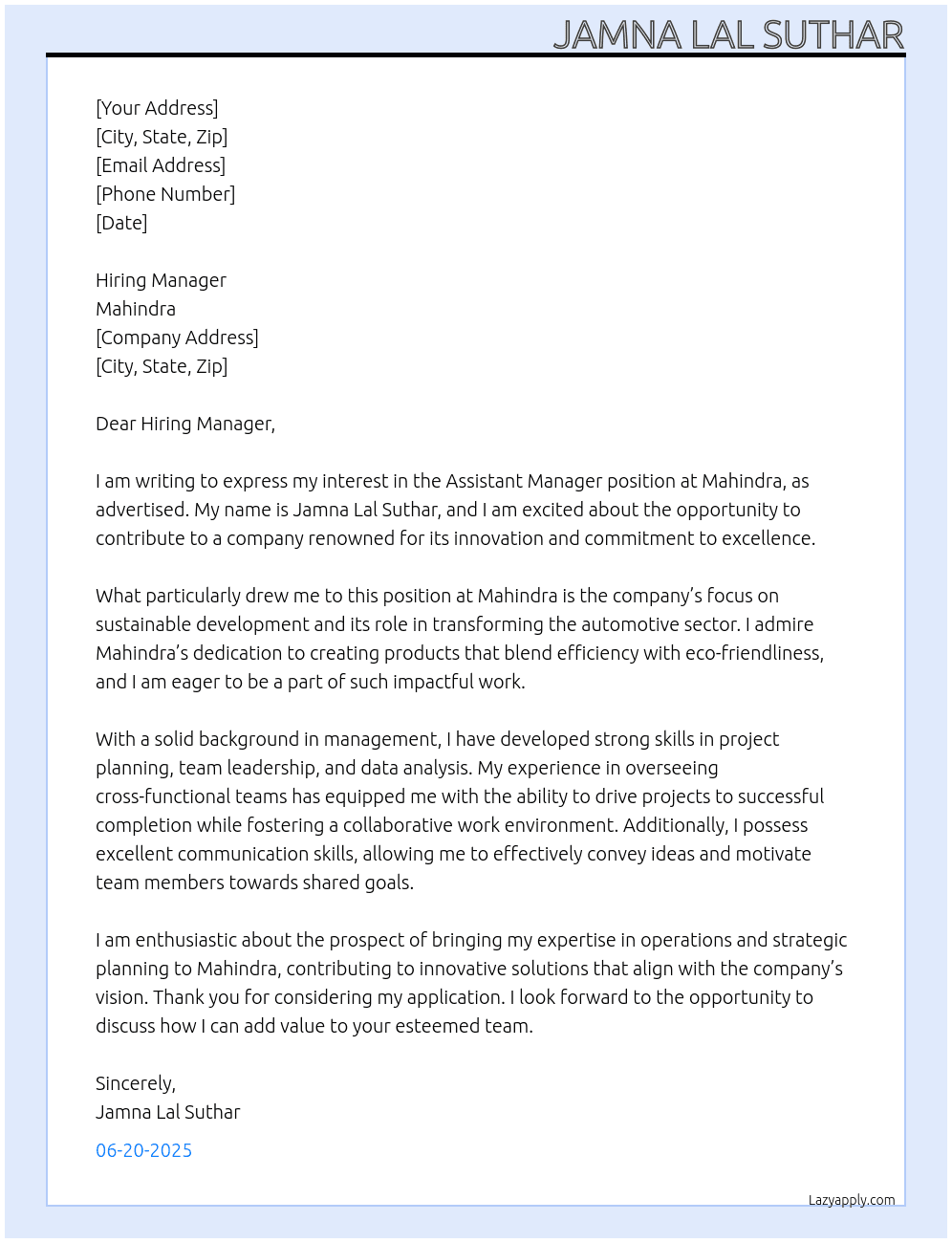 Assistand manager At Mahindra Cover Letter