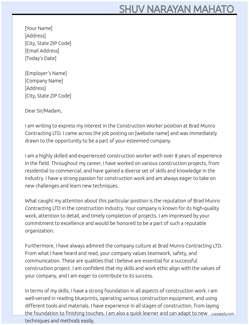 Cover letter for contruction worker - LazyApply