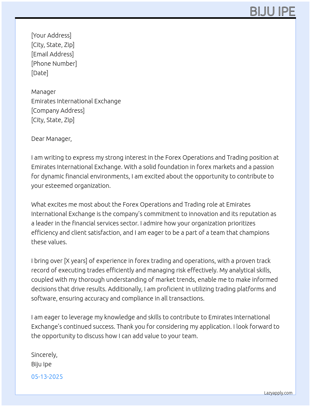 FOREX OPERATIONS AND TRADING  At EMIRATES INTERNATIONAL EXCHANGE Cover Letter