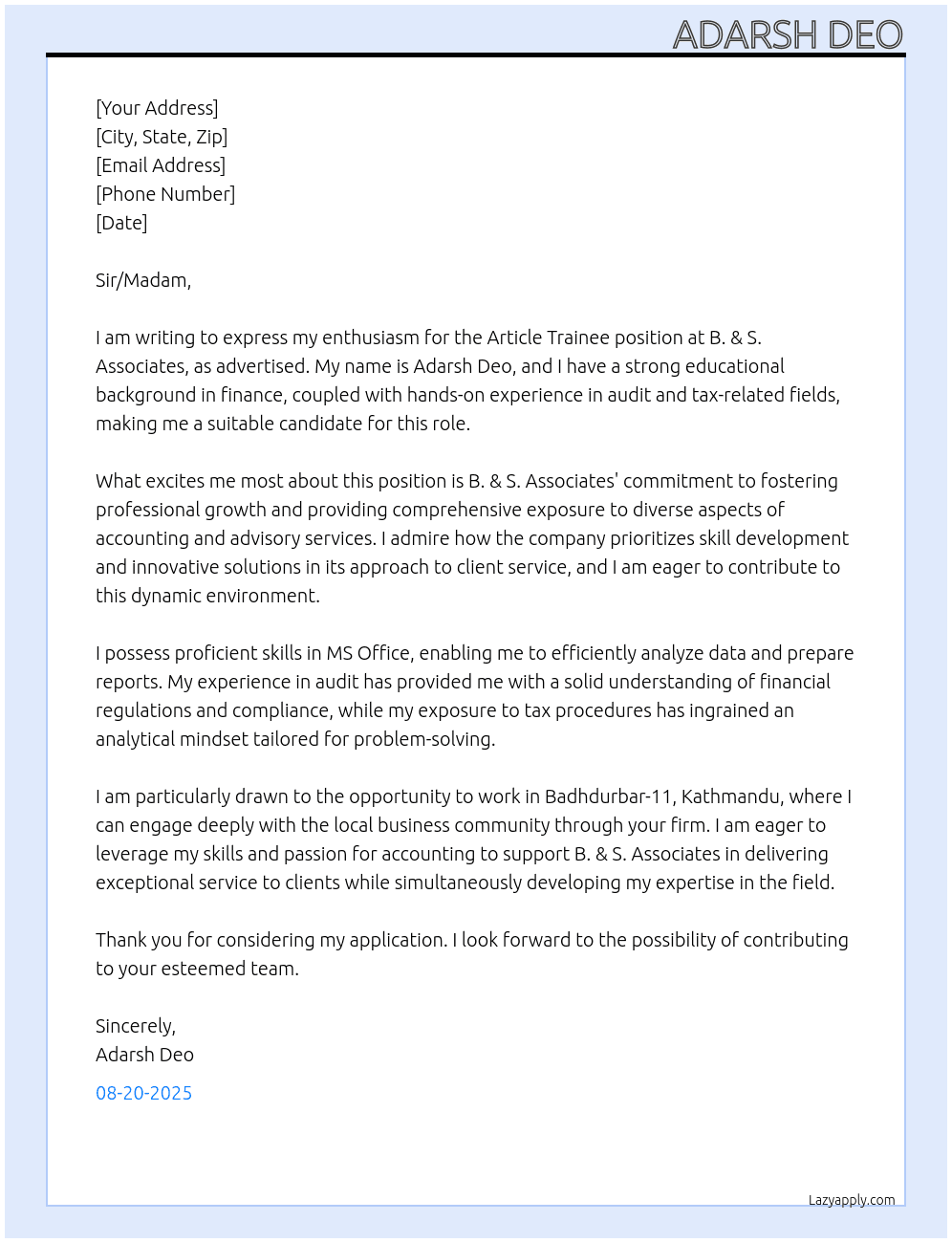 Article Trainee At B. & S. Associates Cover Letter