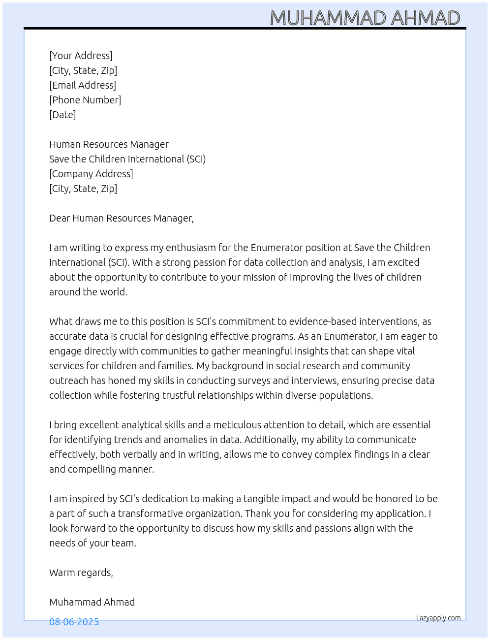 Enumerator  At Save the Children International (SCI) Cover Letter