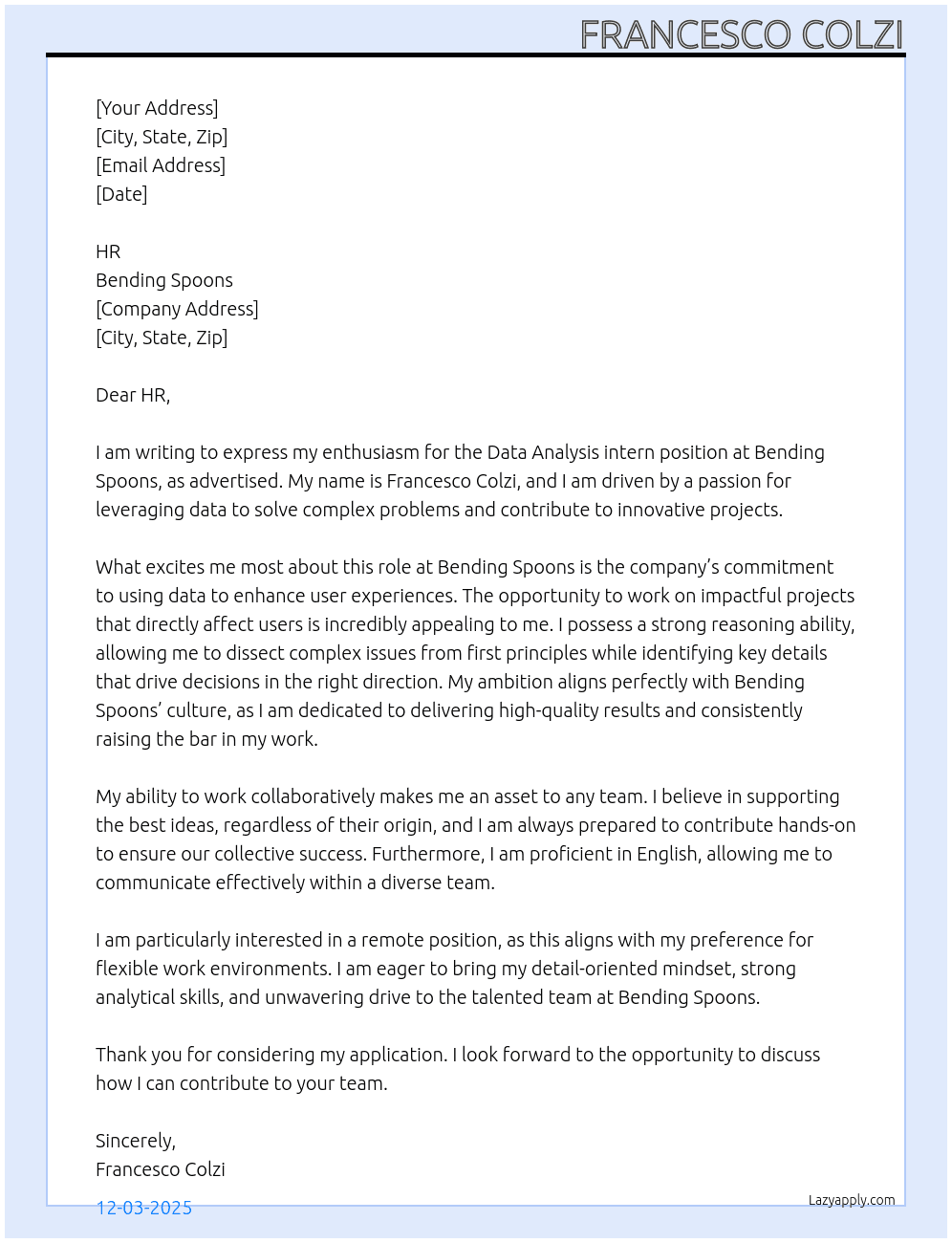 Data analysis, intern At Bending Spoons Cover Letter