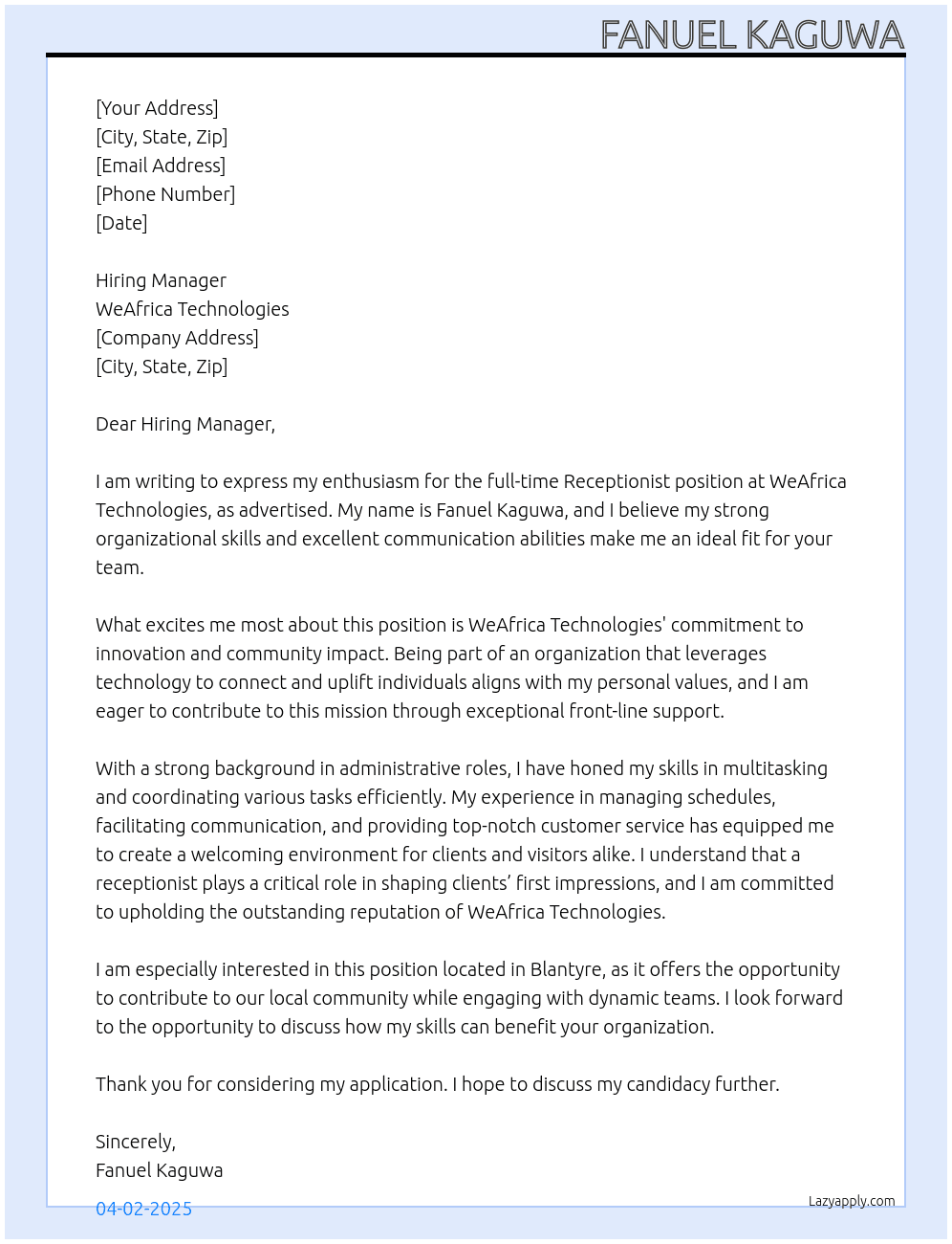 Receptionist At WeAfrica Technologies  Cover Letter