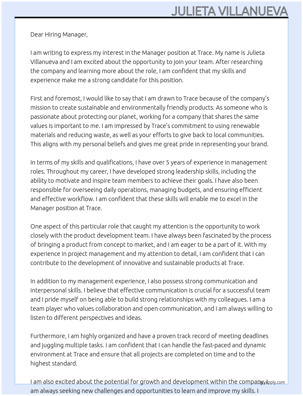 Manager At Trace Cover Letter