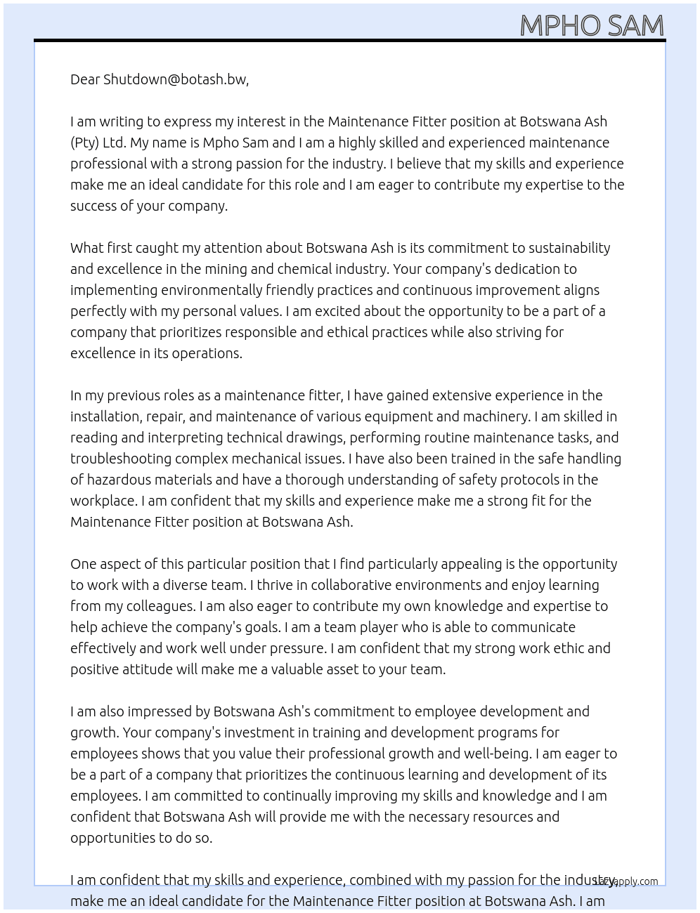 Maintenance fitter  At Botswana Ash (Pty)Ltd Cover Letter